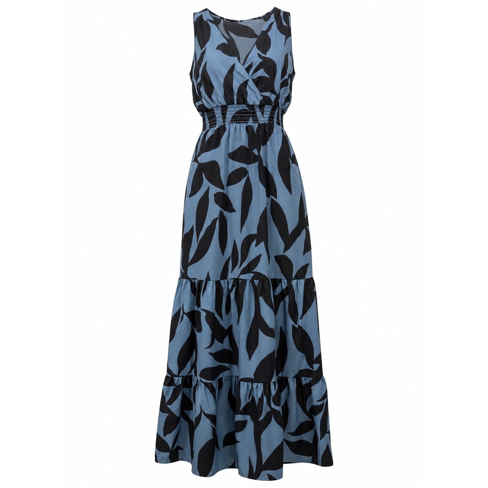 Blue Black Tropical Leaf‎ Print Smocked Tiered Maxi Dress Women Medium Vacation